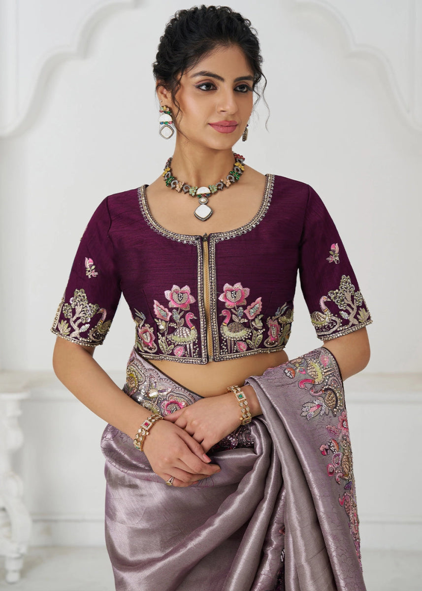 Lilac Purple Embroidered Viscose Dola Silk Saree With Sequin And Multi Thread Accents - House of Sarvati LLC