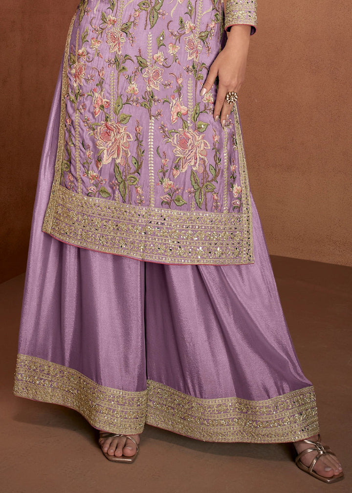 Lilac Purple Festive Palazzo Suit with Elegant Floral Embroidery - House of Sarvati LLC