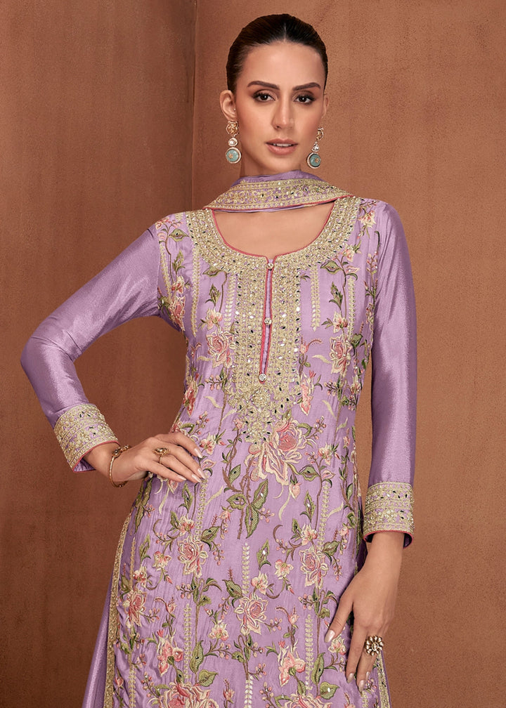Lilac Purple Festive Palazzo Suit with Elegant Floral Embroidery - House of Sarvati LLC
