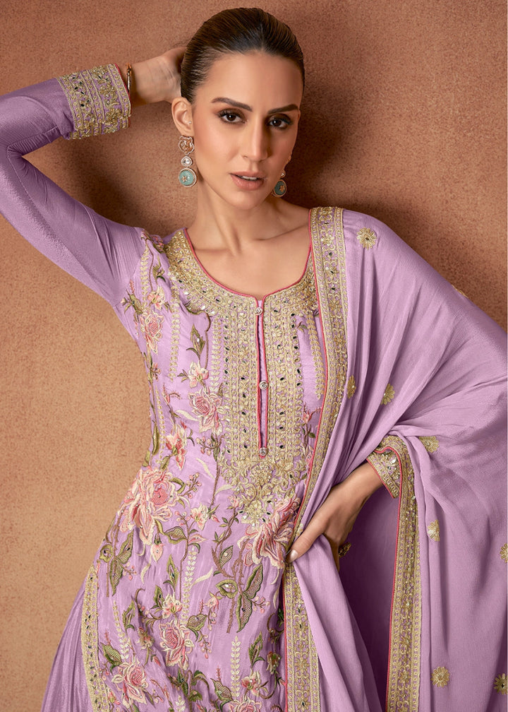 Lilac Purple Festive Palazzo Suit with Elegant Floral Embroidery - House of Sarvati LLC