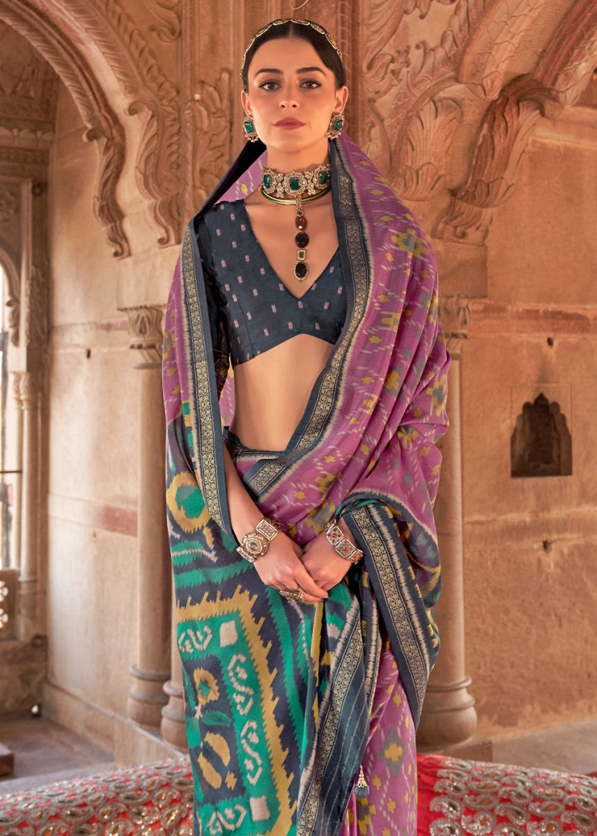 Lilac Purple Georgette Silk Saree with Ethnic Patola Print - House of Sarvati LLC