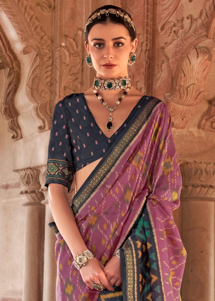 Lilac Purple Georgette Silk Saree with Ethnic Patola Print - House of Sarvati LLC