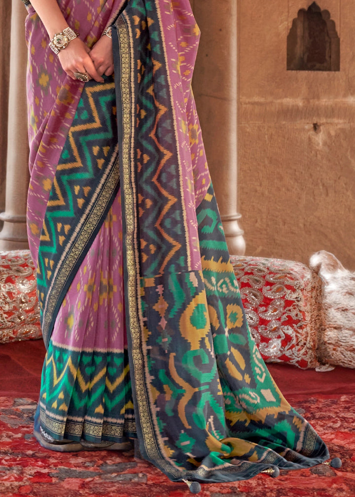 Lilac Purple Georgette Silk Saree with Ethnic Patola Print - House of Sarvati LLC