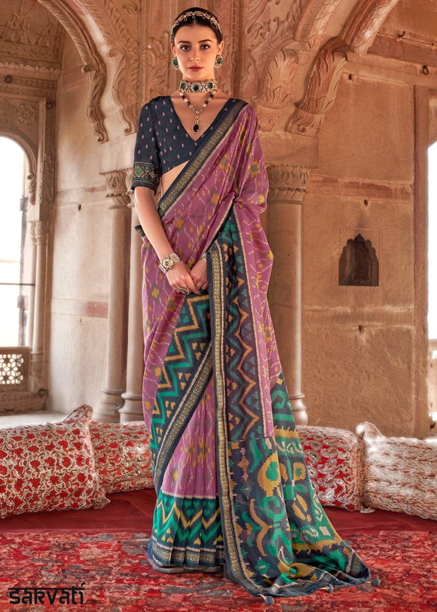 Lilac Purple Georgette Silk Saree with Ethnic Patola Print - House of Sarvati LLC