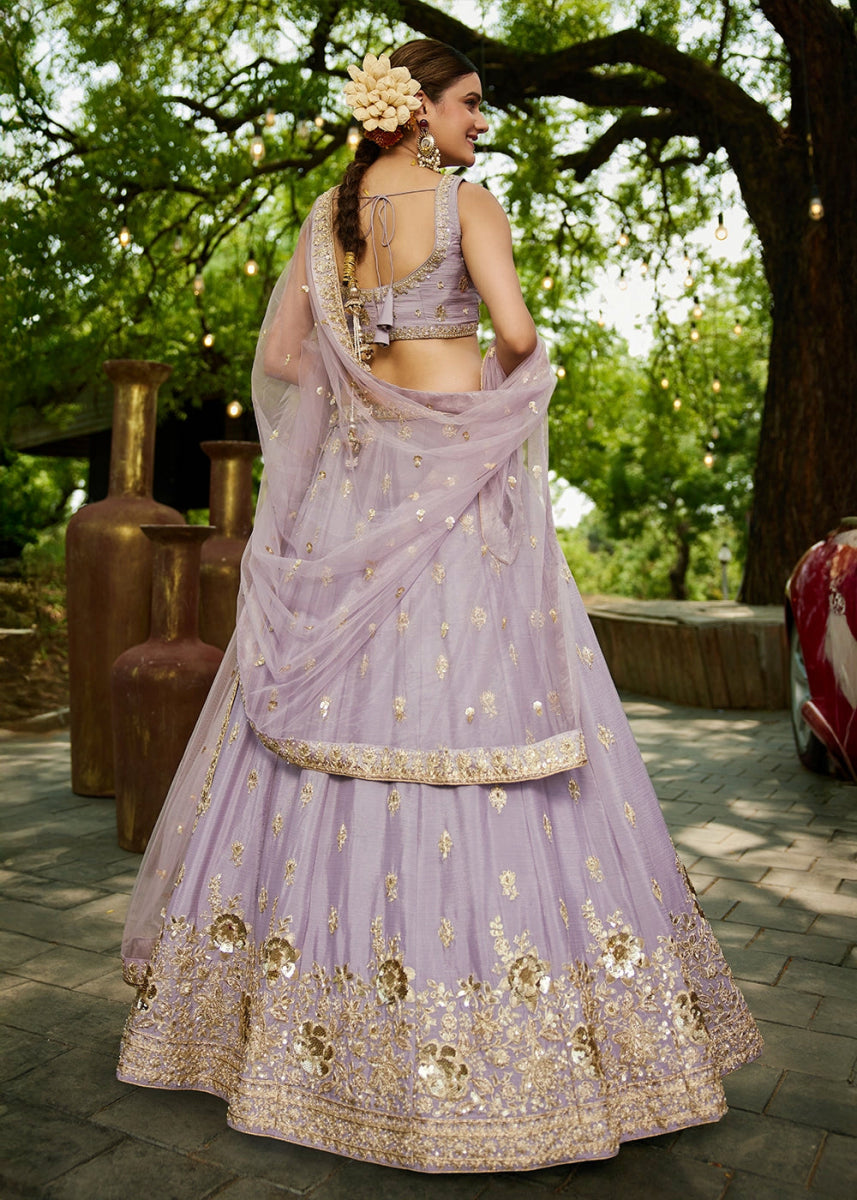 Lilac Purple Lehenga Choli with Floral Sequin Detailing on Chiffon Silk - House of Sarvati LLC