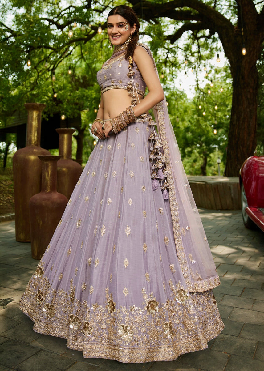 Lilac Purple Lehenga Choli with Floral Sequin Detailing on Chiffon Silk - House of Sarvati LLC