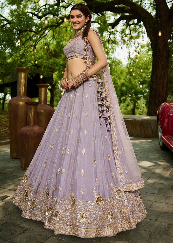 Lilac Purple Lehenga Choli with Floral Sequin Detailing on Chiffon Silk - House of Sarvati LLC