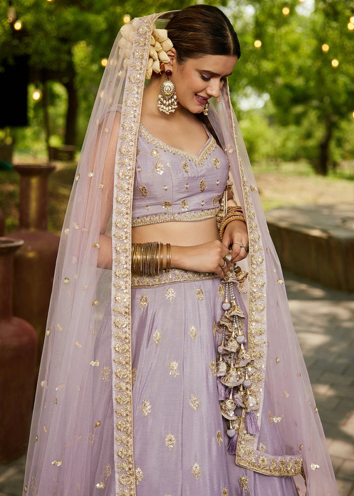 Lilac Purple Lehenga Choli with Floral Sequin Detailing on Chiffon Silk - House of Sarvati LLC