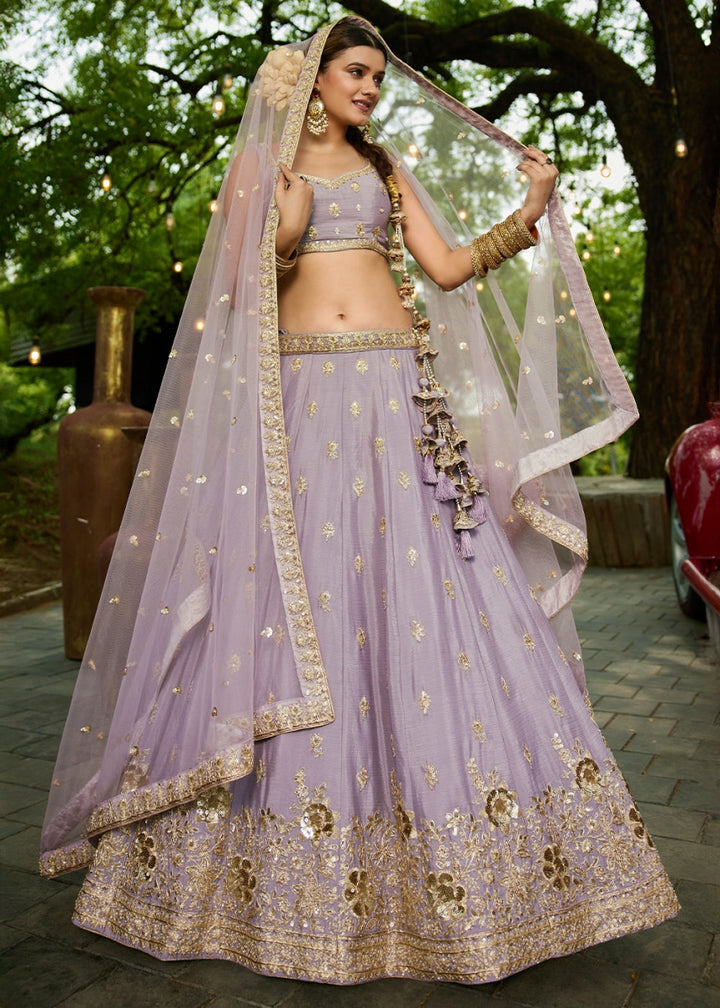 Lilac Purple Lehenga Choli with Floral Sequin Detailing on Chiffon Silk - House of Sarvati LLC