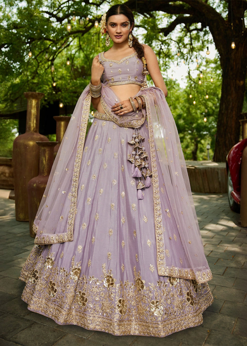 Lilac Purple Lehenga Choli with Floral Sequin Detailing on Chiffon Silk - House of Sarvati LLC