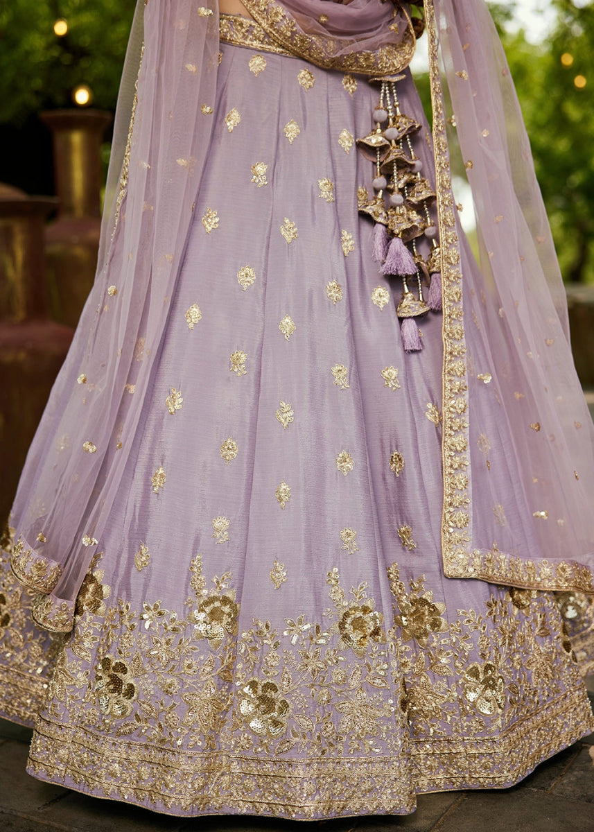 Lilac Purple Lehenga Choli with Floral Sequin Detailing on Chiffon Silk - House of Sarvati LLC