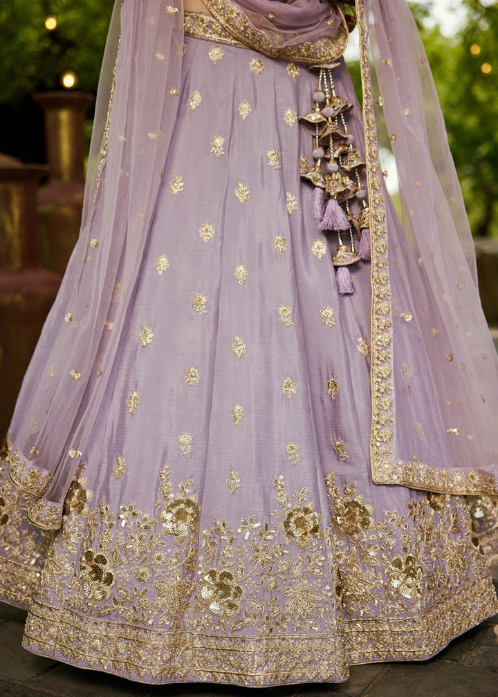 Lilac Purple Lehenga Choli with Floral Sequin Detailing on Chiffon Silk - House of Sarvati LLC
