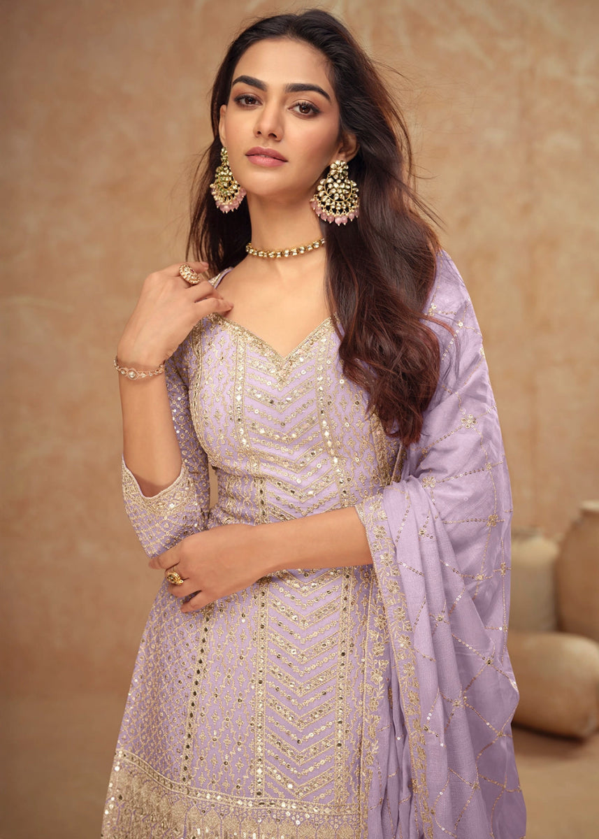 Lilac Purple Palazzo Suit with Delicate Embroidery on Luxurious Chinon Silk Fabric - House of Sarvati LLC