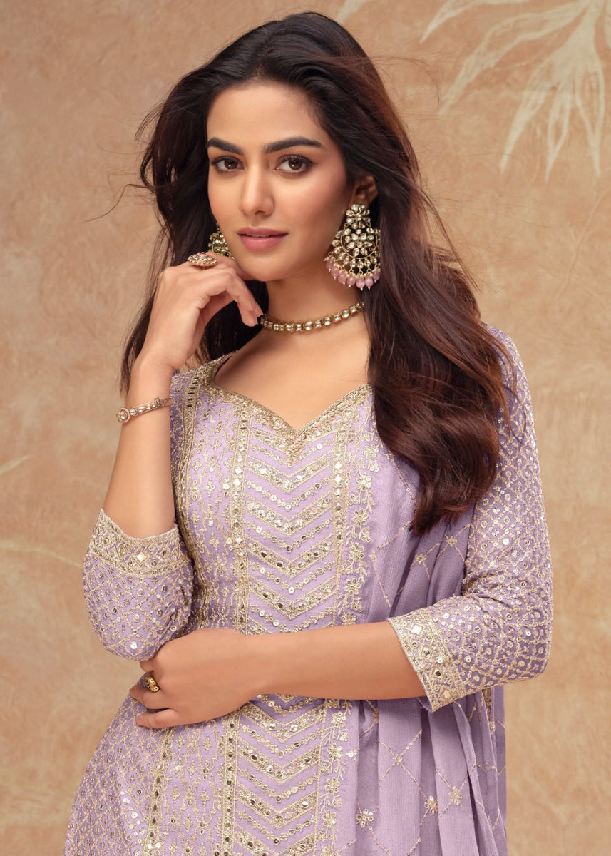Lilac Purple Palazzo Suit with Delicate Embroidery on Luxurious Chinon Silk Fabric - House of Sarvati LLC