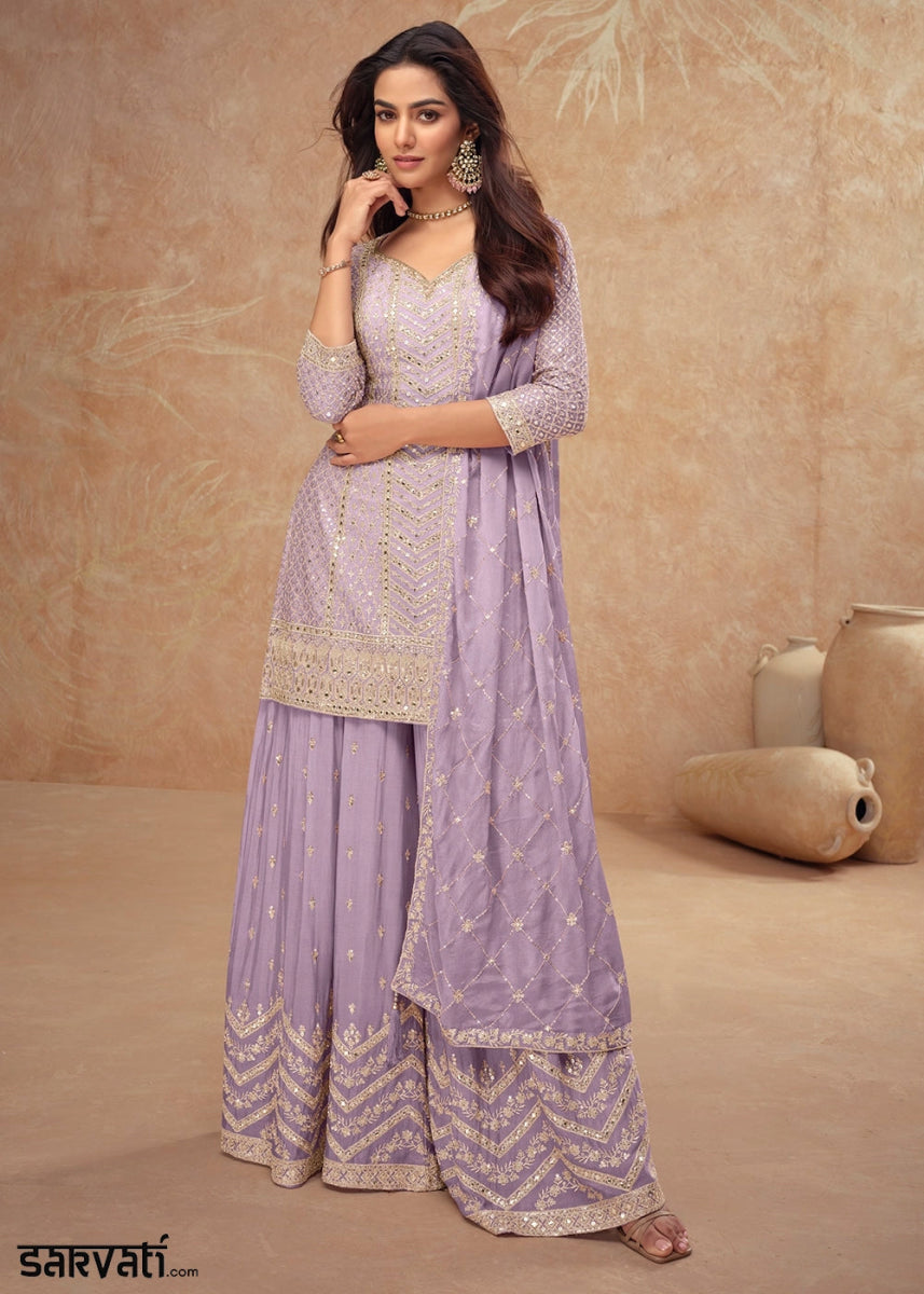 Lilac Purple Palazzo Suit with Delicate Embroidery on Luxurious Chinon Silk Fabric - House of Sarvati LLC