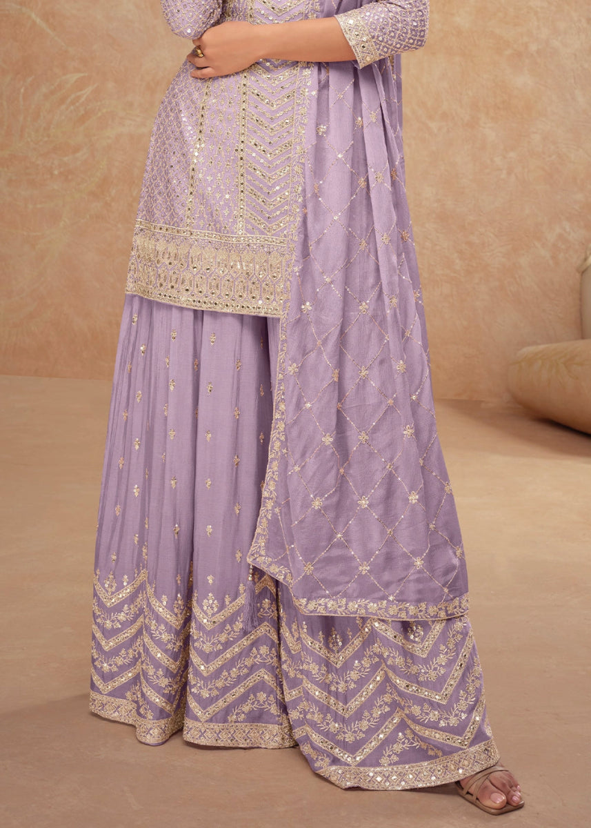 Lilac Purple Palazzo Suit with Delicate Embroidery on Luxurious Chinon Silk Fabric - House of Sarvati LLC