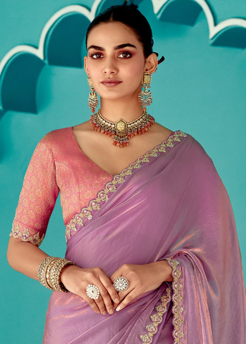 Lilac Purple Tissue Silk Saree with Exquisite Embroidery - House of Sarvati LLC