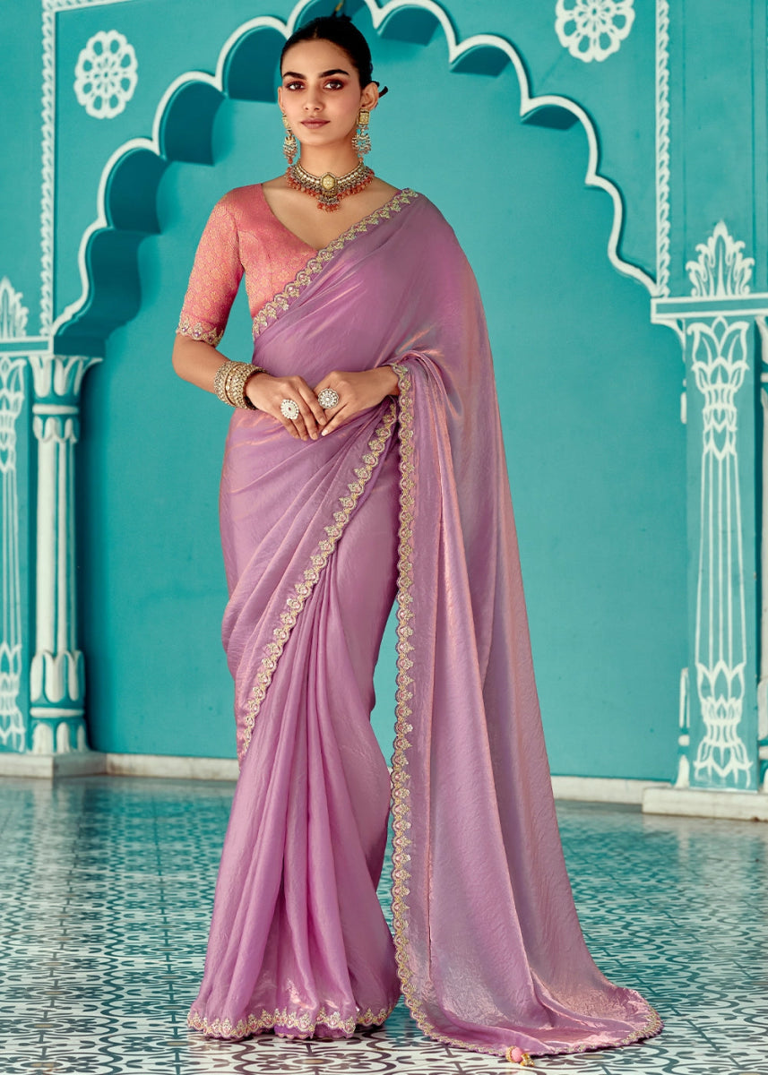 Lilac Purple Tissue Silk Saree with Exquisite Embroidery - House of Sarvati LLC
