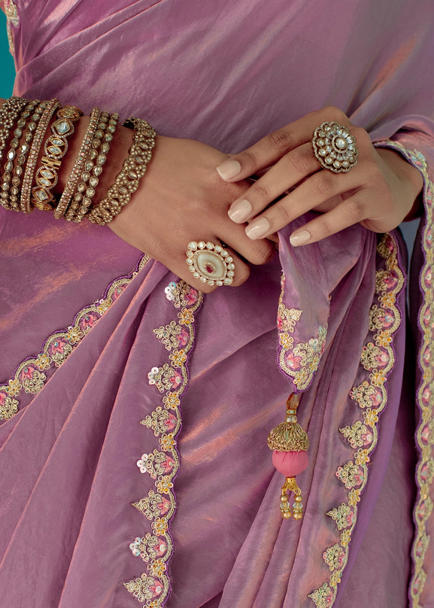 Lilac Purple Tissue Silk Saree with Exquisite Embroidery - House of Sarvati LLC