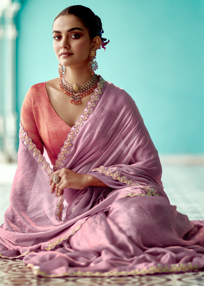Lilac Purple Tissue Silk Saree with Exquisite Embroidery - House of Sarvati LLC