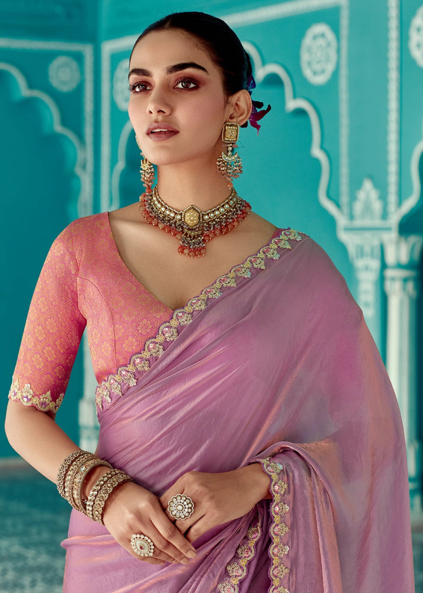 Lilac Purple Tissue Silk Saree with Exquisite Embroidery - House of Sarvati LLC