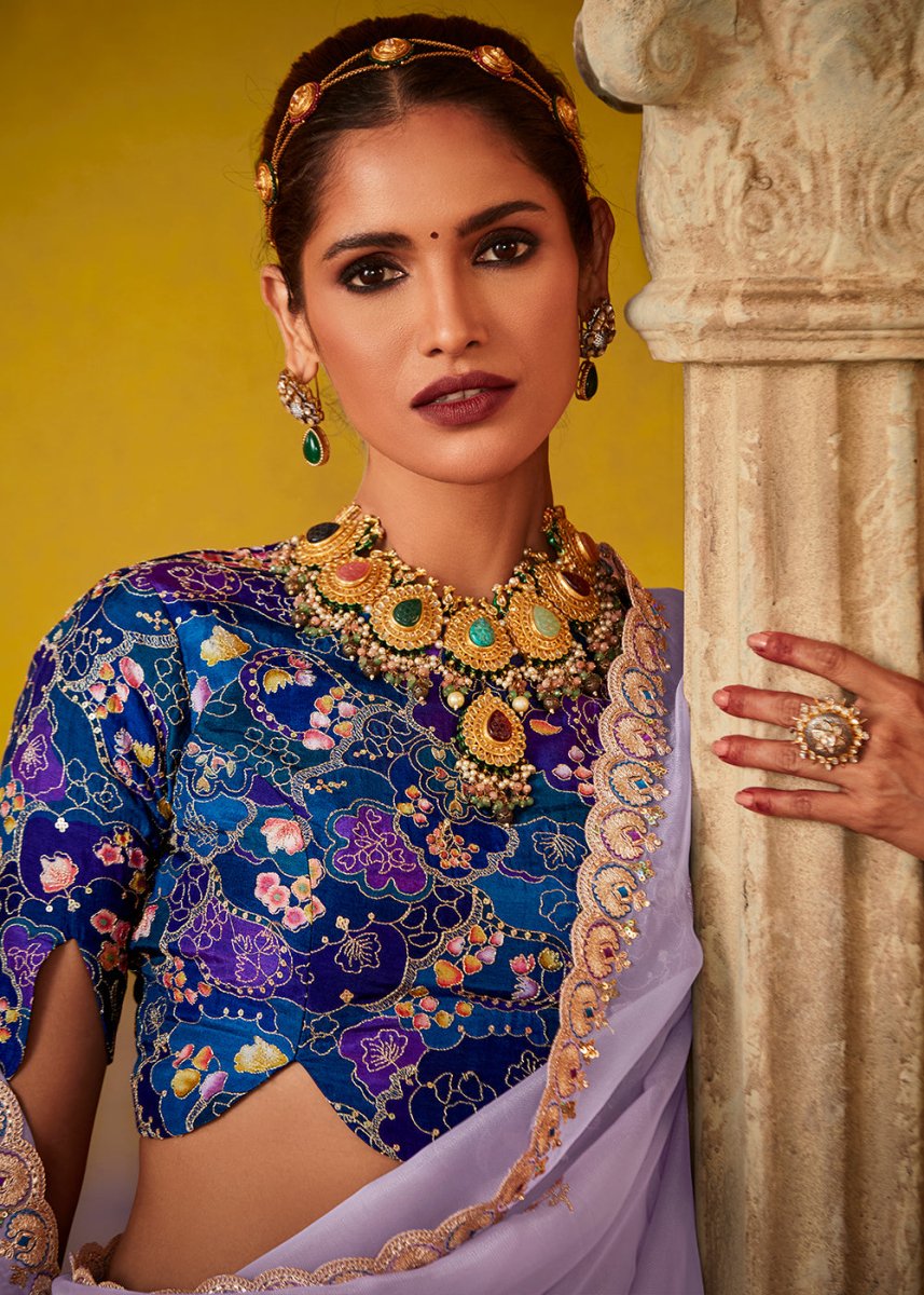 Lilac Purple Tissue Silk Saree with Stunning Sequins and Thread Embroidery work - House of Sarvati LLC