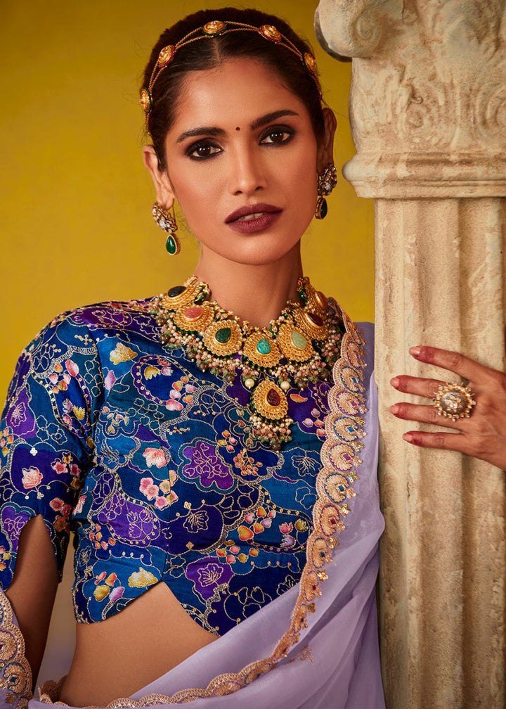 Lilac Purple Tissue Silk Saree with Stunning Sequins and Thread Embroidery work - House of Sarvati LLC