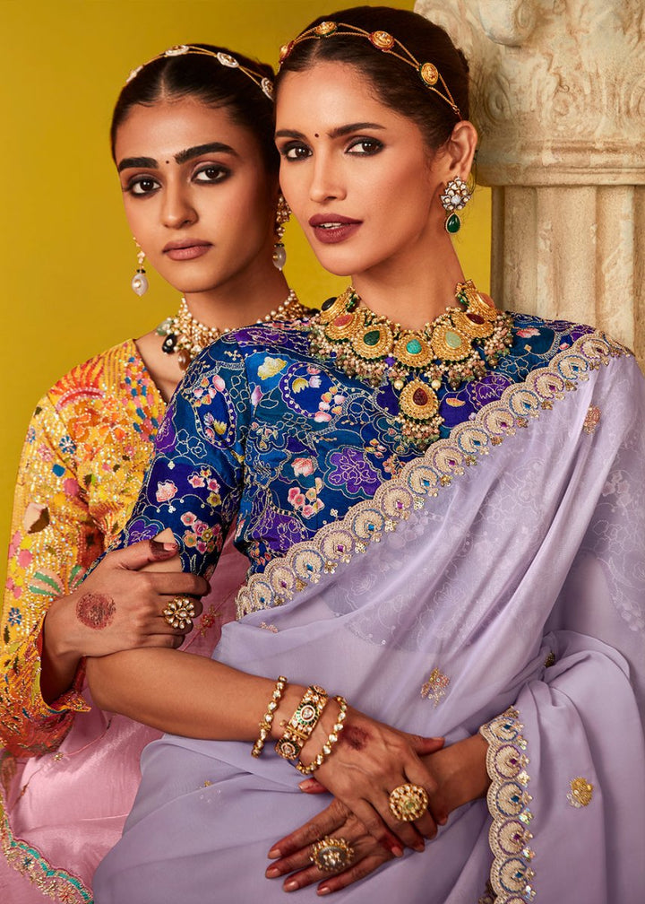 Lilac Purple Tissue Silk Saree with Stunning Sequins and Thread Embroidery work - House of Sarvati LLC