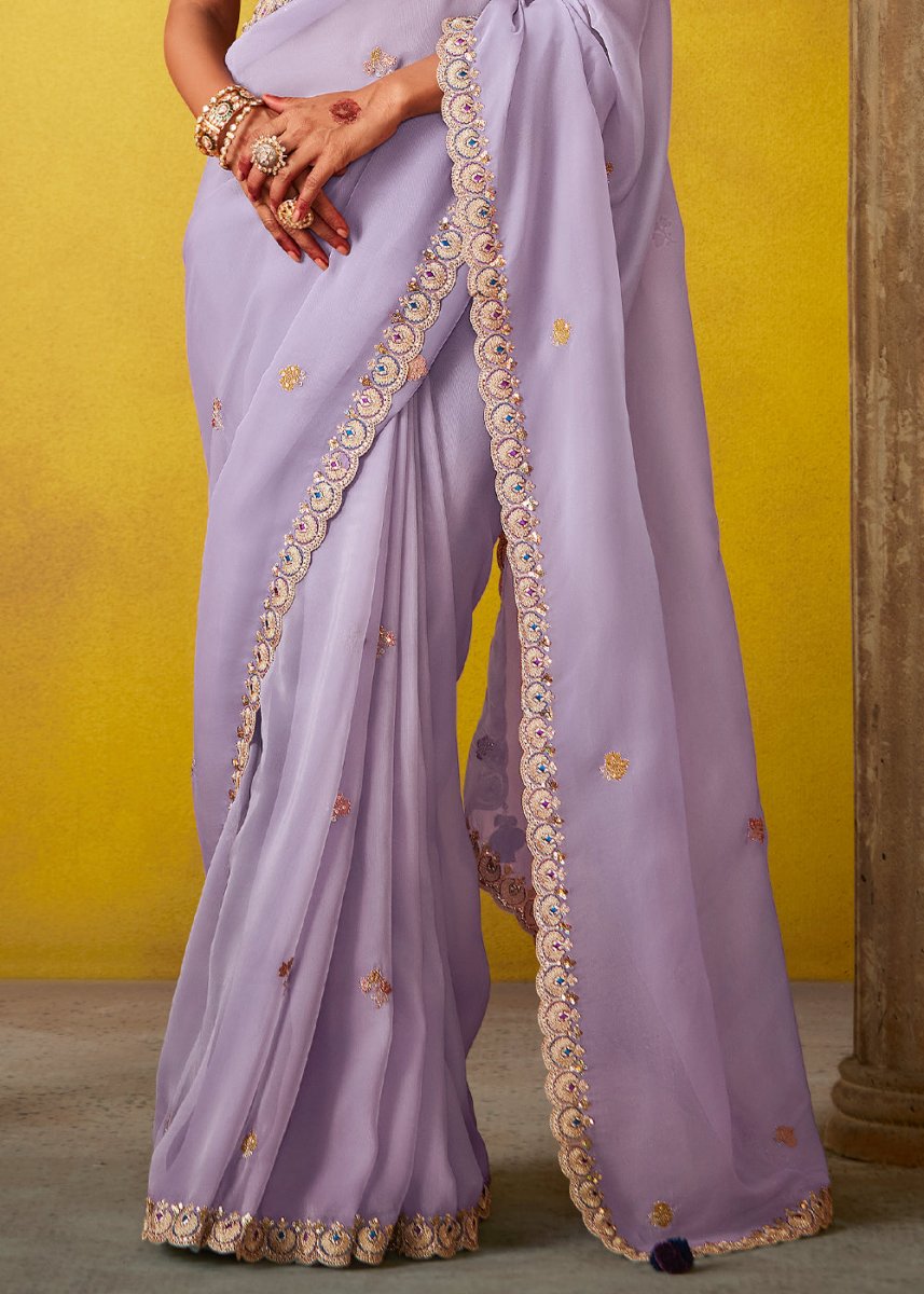 Lilac Purple Tissue Silk Saree with Stunning Sequins and Thread Embroidery work - House of Sarvati LLC