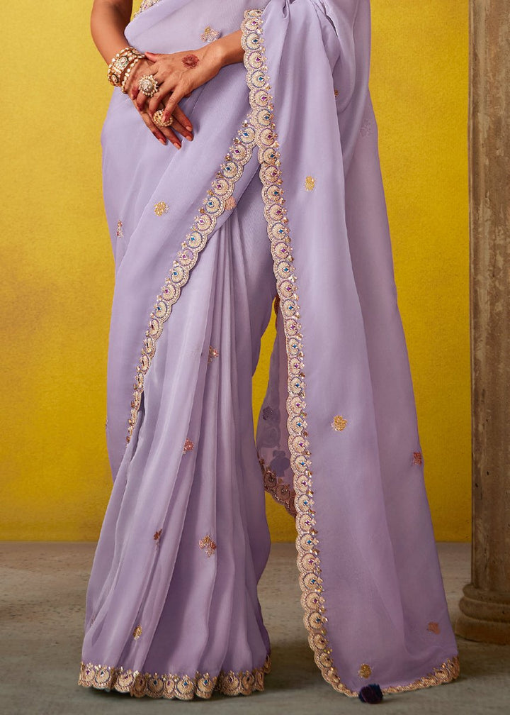 Lilac Purple Tissue Silk Saree with Stunning Sequins and Thread Embroidery work - House of Sarvati LLC