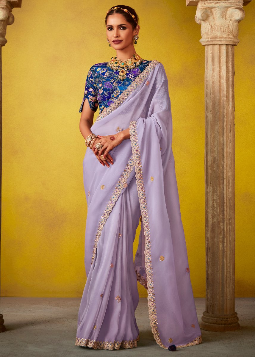 Lilac Purple Tissue Silk Saree with Stunning Sequins and Thread Embroidery work - House of Sarvati LLC