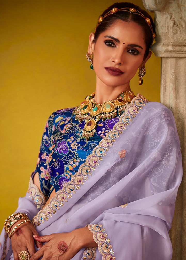 Lilac Purple Tissue Silk Saree with Stunning Sequins and Thread Embroidery work - House of Sarvati LLC