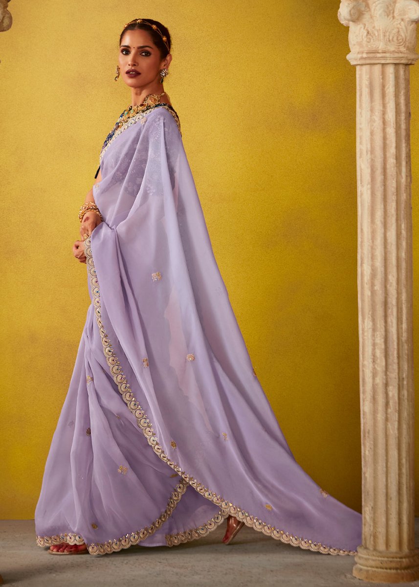 Lilac Purple Tissue Silk Saree with Stunning Sequins and Thread Embroidery work - House of Sarvati LLC