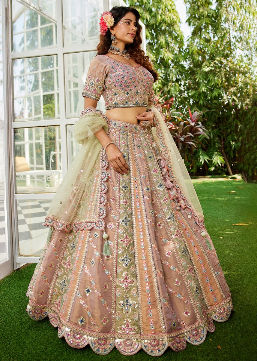 Limegreen Designer Net Lehenga Choli with Exquisite Moti & Gotapatti Work - House of Sarvati LLC