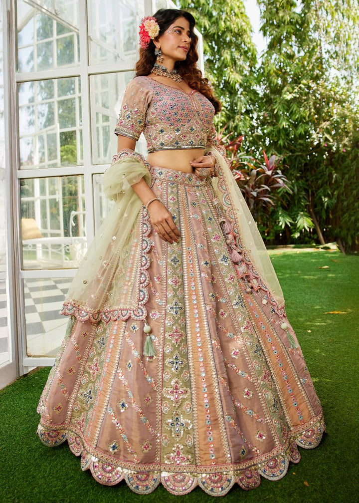 Limegreen Designer Net Lehenga Choli with Exquisite Moti & Gotapatti Work - House of Sarvati LLC