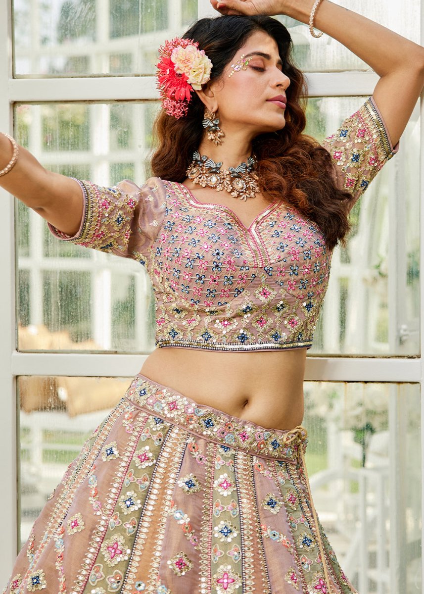 Limegreen Designer Net Lehenga Choli with Exquisite Moti & Gotapatti Work - House of Sarvati LLC