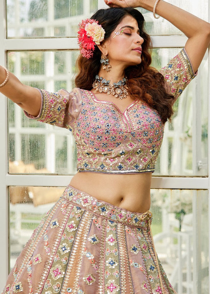 Limegreen Designer Net Lehenga Choli with Exquisite Moti & Gotapatti Work - House of Sarvati LLC