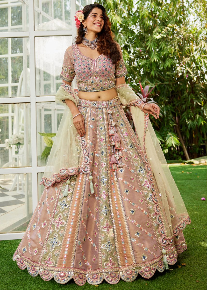 Limegreen Designer Net Lehenga Choli with Exquisite Moti & Gotapatti Work - House of Sarvati LLC