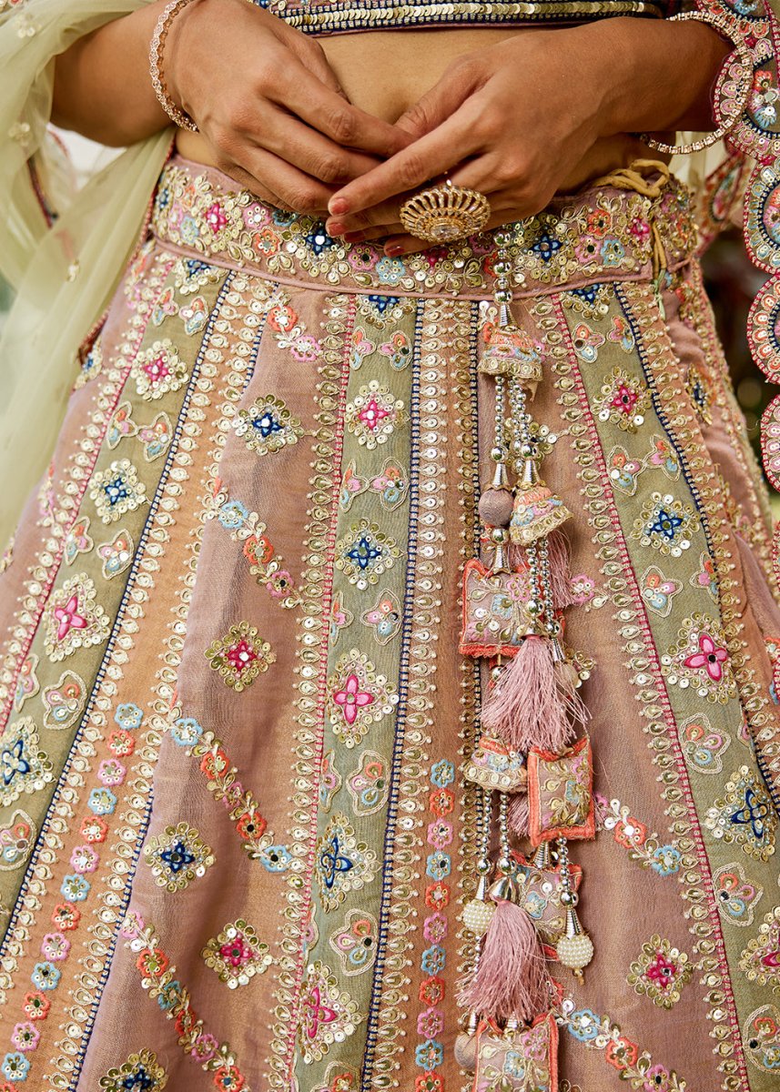 Limegreen Designer Net Lehenga Choli with Exquisite Moti & Gotapatti Work - House of Sarvati LLC