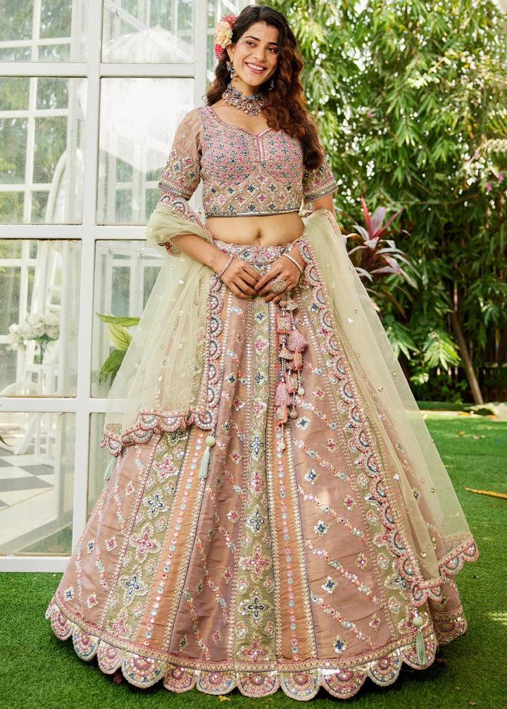 Limegreen Designer Net Lehenga Choli with Exquisite Moti & Gotapatti Work - House of Sarvati LLC