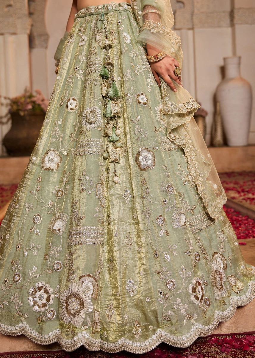 Limegreen Tissue Lehenga with Ornate Beads & Stone Handwork - House of Sarvati LLC