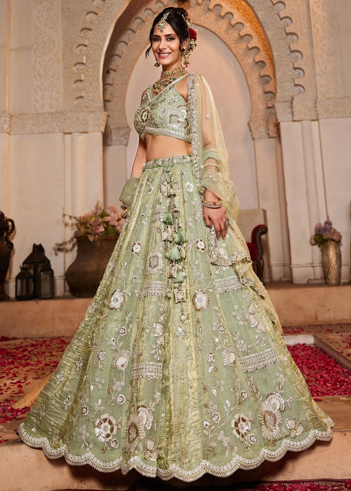 Limegreen Tissue Lehenga with Ornate Beads & Stone Handwork - House of Sarvati LLC
