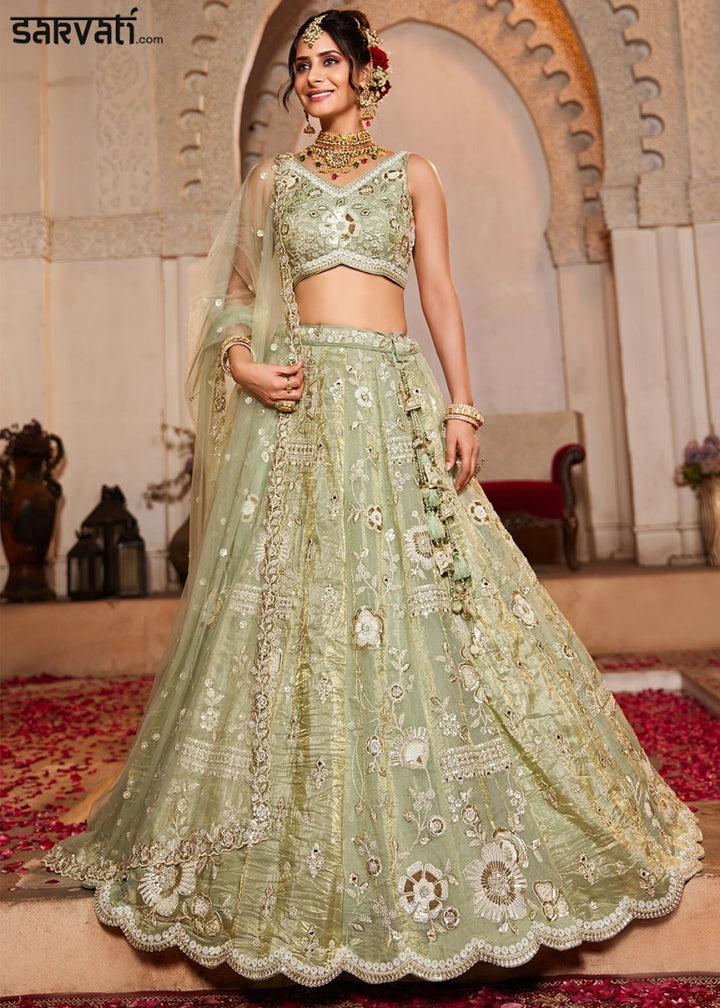 Limegreen Tissue Lehenga with Ornate Beads & Stone Handwork - House of Sarvati LLC