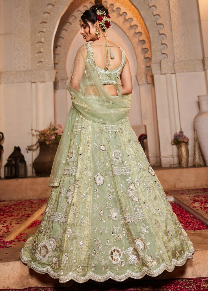 Limegreen Tissue Lehenga with Ornate Beads & Stone Handwork - House of Sarvati LLC