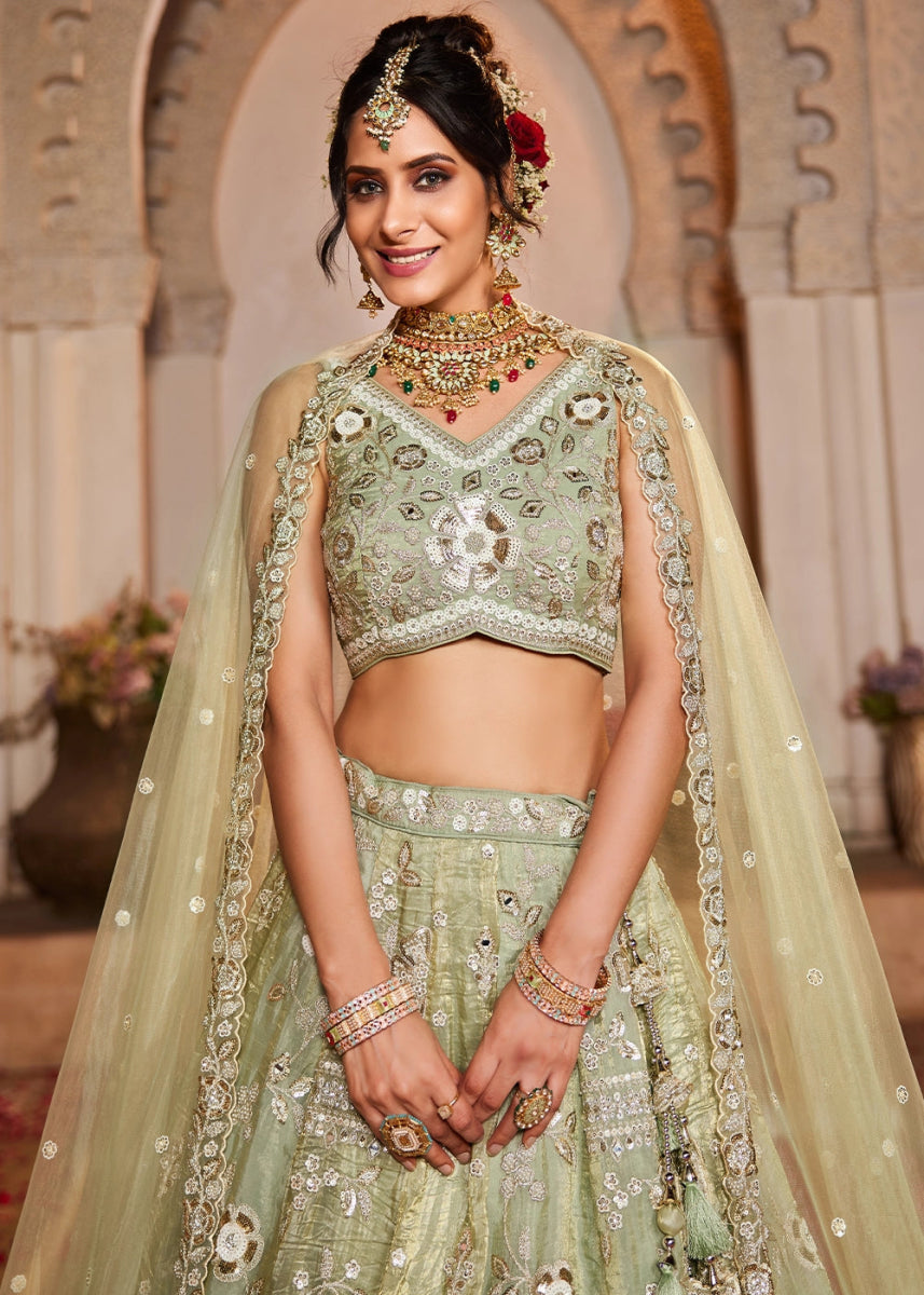 Limegreen Tissue Lehenga with Ornate Beads & Stone Handwork - House of Sarvati LLC