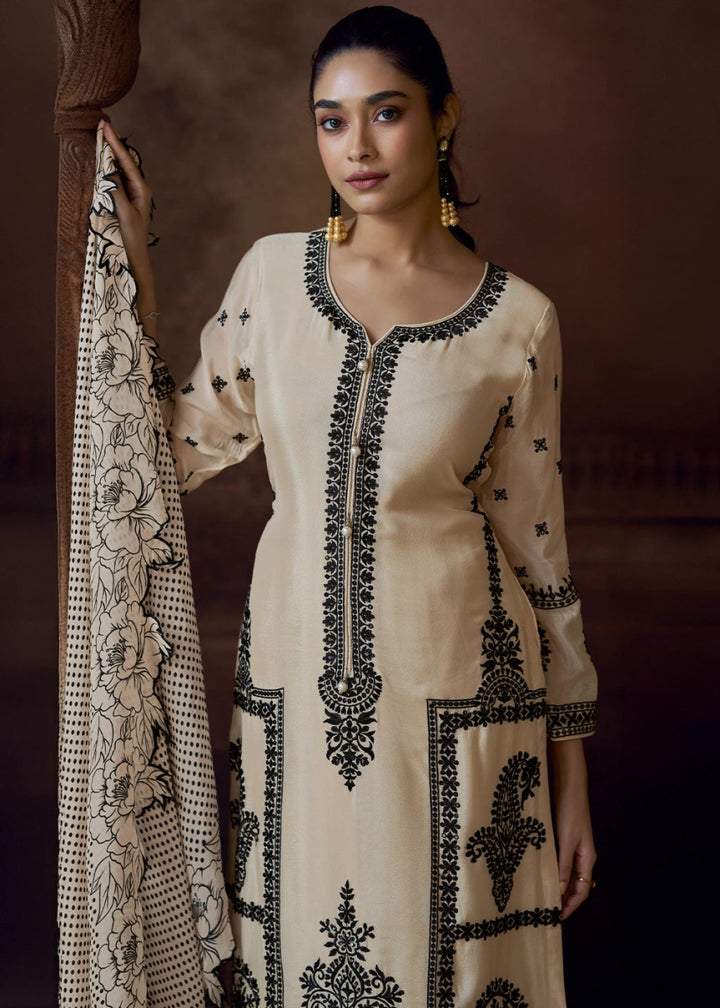 Linen White Chinon Silk Pant Suit with Intricate Embroidery: Eid Edition - House of Sarvati LLC