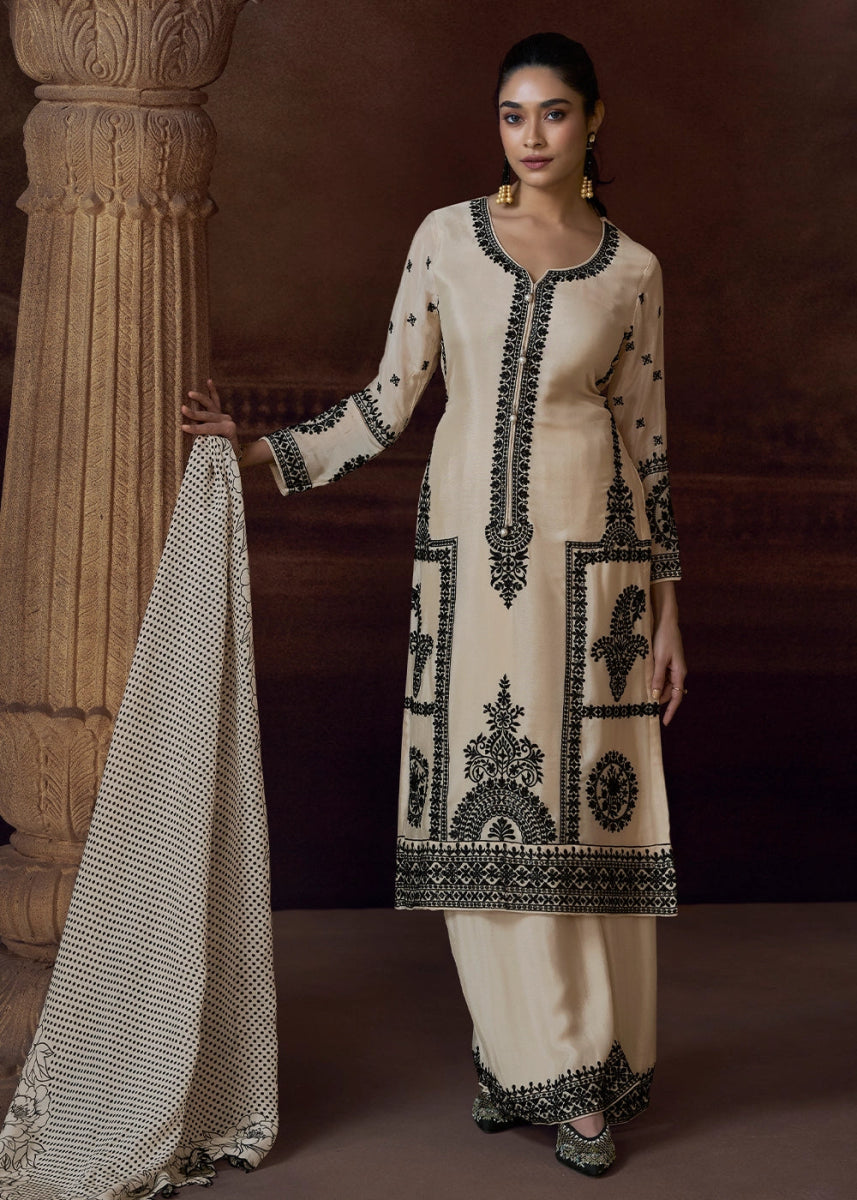 Linen White Chinon Silk Pant Suit with Intricate Embroidery: Eid Edition - House of Sarvati LLC