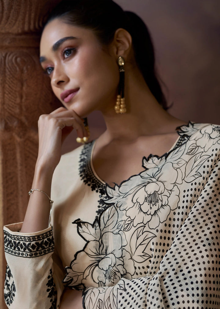 Linen White Chinon Silk Pant Suit with Intricate Embroidery: Eid Edition - House of Sarvati LLC