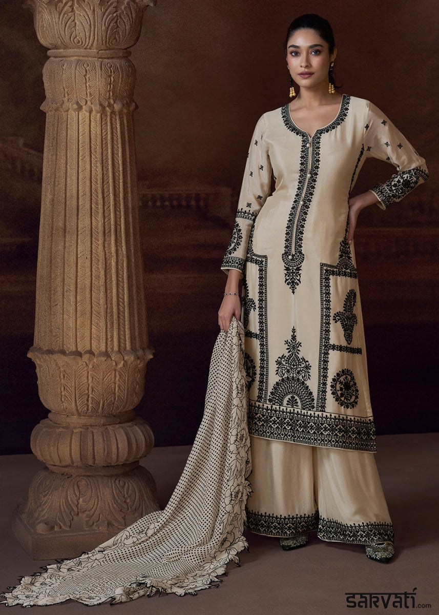 Linen White Chinon Silk Pant Suit with Intricate Embroidery: Eid Edition - House of Sarvati LLC