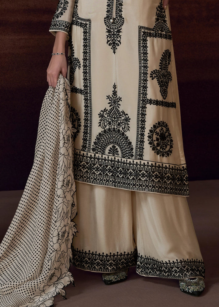 Linen White Chinon Silk Pant Suit with Intricate Embroidery: Eid Edition - House of Sarvati LLC